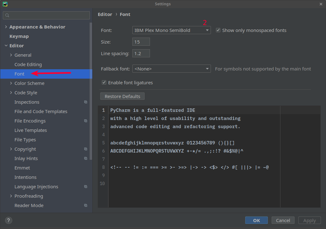 pycharm change font size